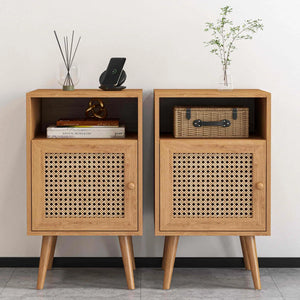 2 PC Tolead Rattan Nightstand with Charging Station, Boho Side Table with Handmade Rattan Decorated Door, Bedroom, Living Room, Natural