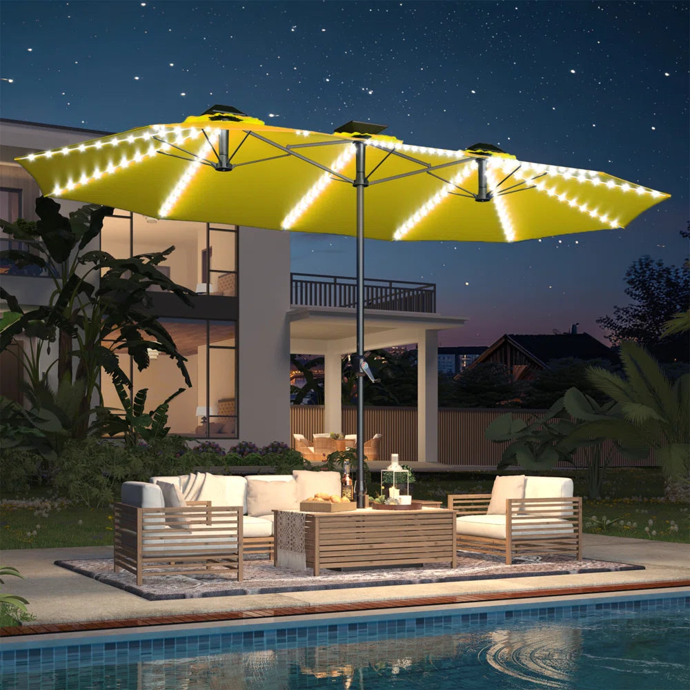 PHI VILLA 15 ft. Market Patio Umbrella with Lights Base and Sandbags in Golden Yellow