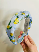 Load image into Gallery viewer, Blue Fabric Headband with Lemon Prints &amp; Green Beads