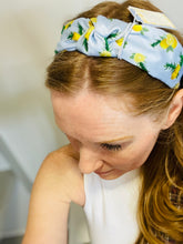 Load image into Gallery viewer, Blue Fabric Headband with Lemon Prints &amp; Green Beads