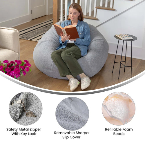 Classic Refillable Cotton Bean Bag Chair/ Grey Sherpa Cotton Twill