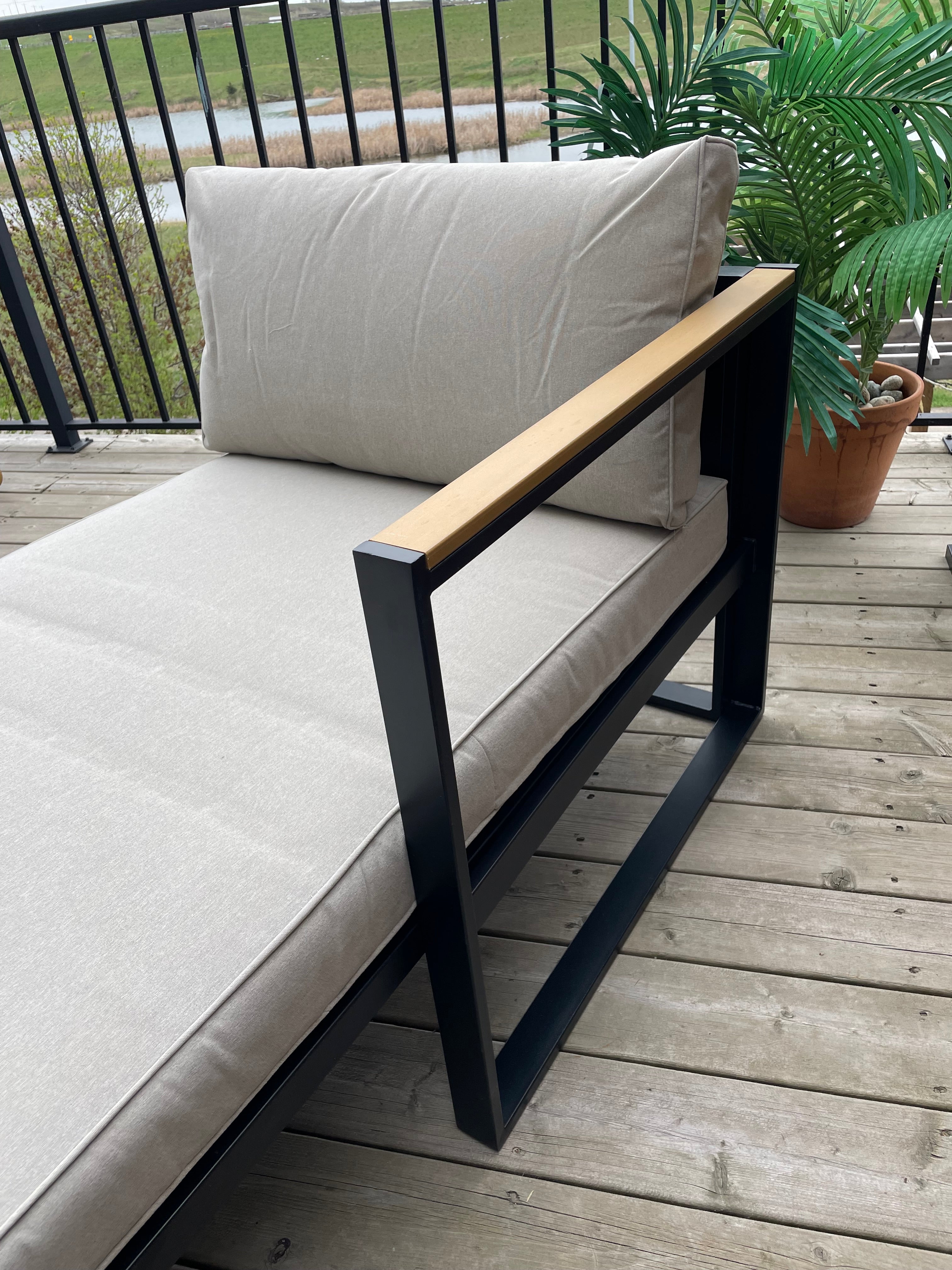 Threshold™ Henning Half Size Outdoor Patio Chaise Lounge, Daybed with Arm Cream: Powder-Coated Steel Frame, All-Weather Design