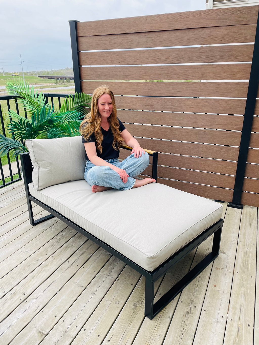 Threshold™ Henning Half Size Outdoor Patio Chaise Lounge, Daybed with Arm Cream: Powder-Coated Steel Frame, All-Weather Design