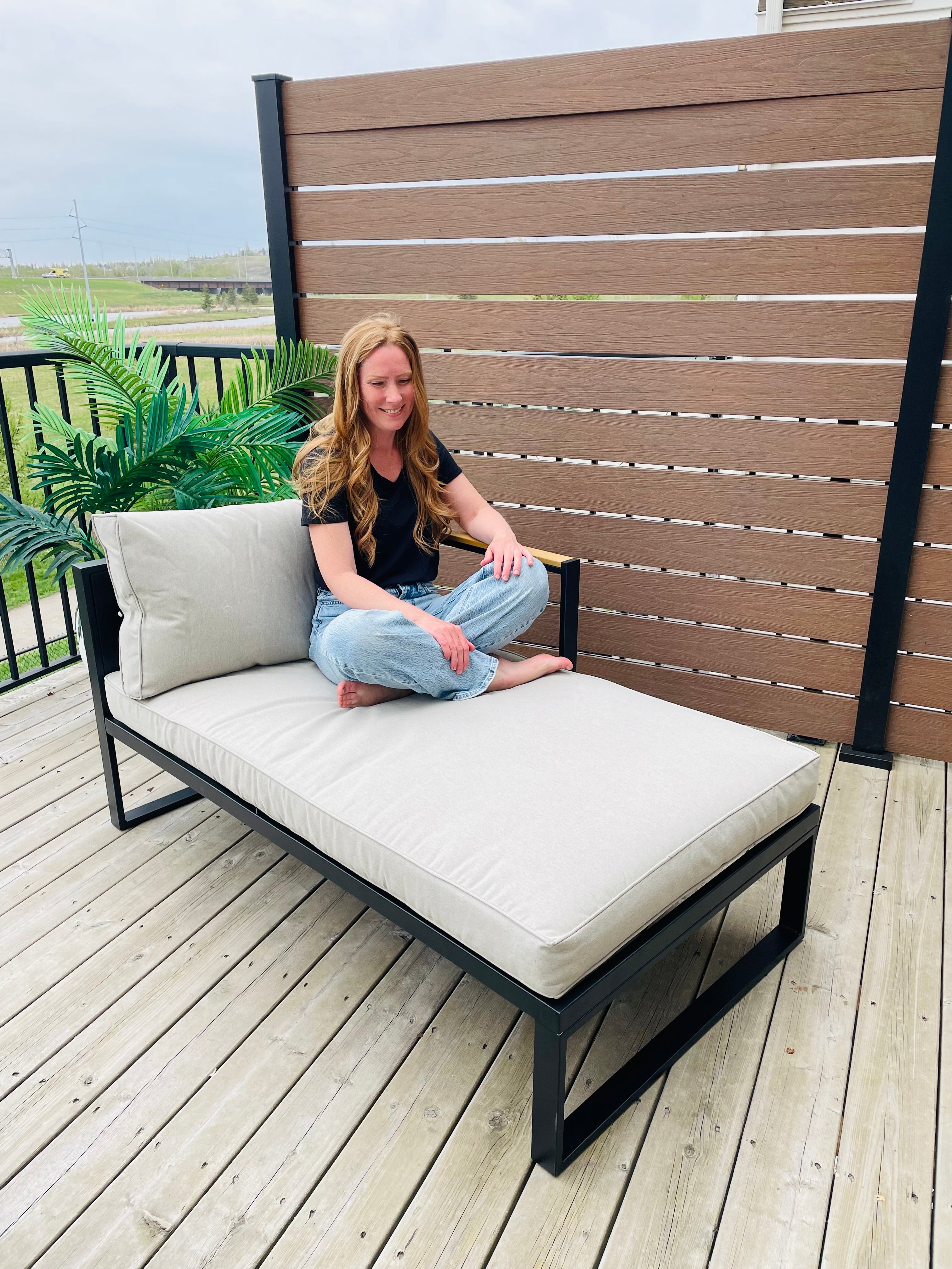 Threshold™ Henning Half Size Outdoor Patio Chaise Lounge, Daybed with Arm Cream: Powder-Coated Steel Frame, All-Weather Design
