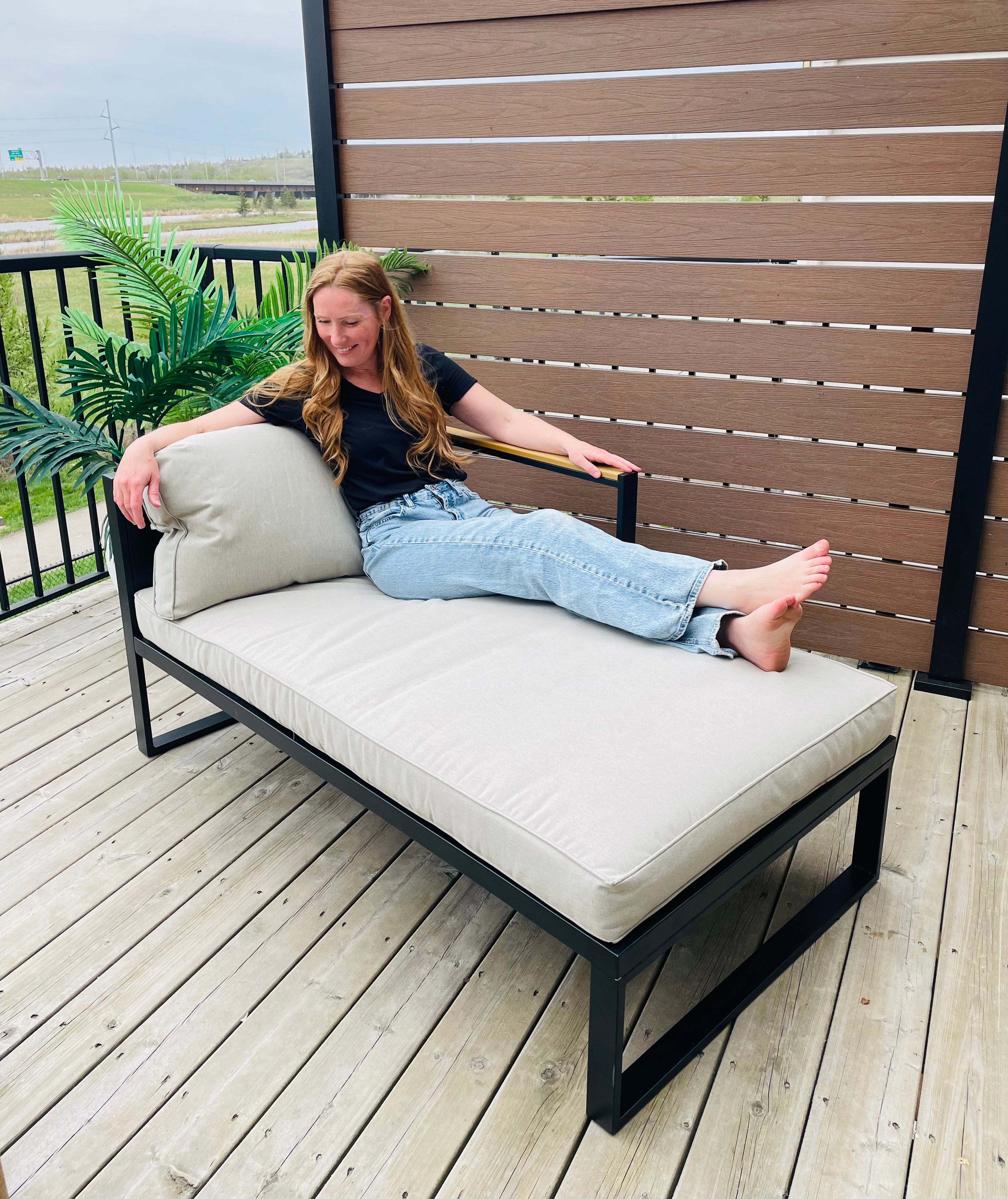 Threshold™ Henning Half Size Outdoor Patio Chaise Lounge, Daybed with Arm Cream: Powder-Coated Steel Frame, All-Weather Design