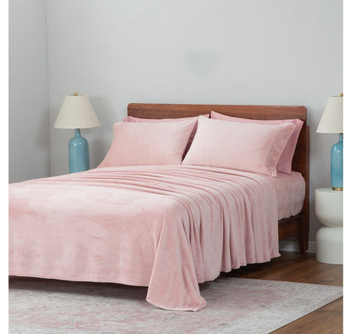 QUEEN 6 PC Berkshire Blankets VelvetSoft Solid Sheet Set with Extra Satin Cases - BLUSH