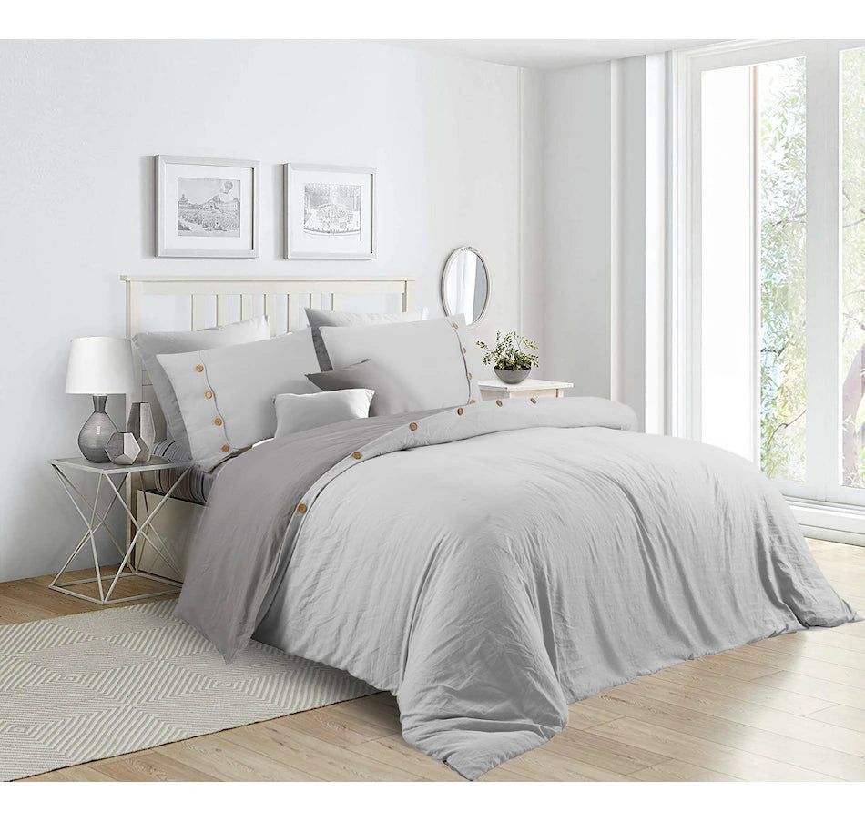King Size Krinkle Micro Fiber Reversible Grey/Light Blue Buttoned Duvet Cover Set