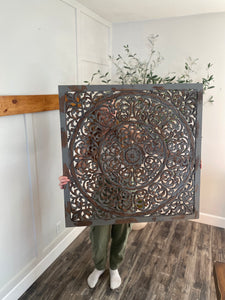 36" H x 36" W x 1" D Wooden Handmade Carved Scroll Mandala Floral Home Wall Decor with Brown Distressing