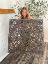 Load image into Gallery viewer, 36&quot; H x 36&quot; W x 1&quot; D Wooden Handmade Carved Scroll Mandala Floral Home Wall Decor with Brown Distressing