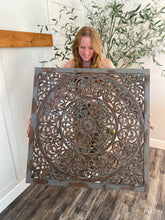 Load image into Gallery viewer, 36&quot; H x 36&quot; W x 1&quot; D Wooden Handmade Carved Scroll Mandala Floral Home Wall Decor with Brown Distressing