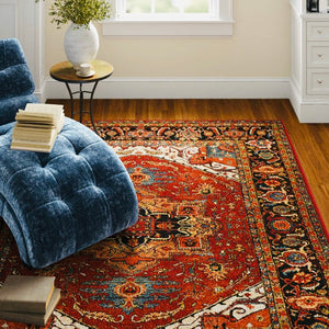 6'7" x 9'6" Bratton loomed Red/Black/Orange/Lime/Teal oriental rug