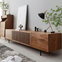 Load image into Gallery viewer, JASIWAY Minimalist TV Stand Slatted Media Console with 4 Doors Storage