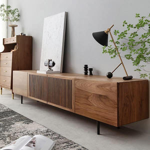JASIWAY Minimalist TV Stand Slatted Media Console with 4 Doors Storage