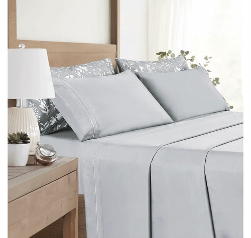 Claro Living Home Embroidered 6-Piece Sheet Set, QUEEN Grey