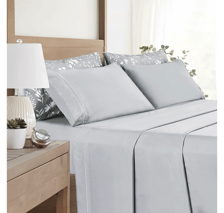 Claro Living Home Embroidered 6-Piece Sheet Set, QUEEN Grey