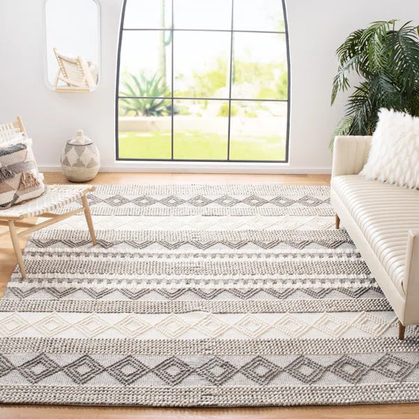 8' x 10' Jacques Hand Woven Wool/Cotton Striped Rug in Grey/Ivory
