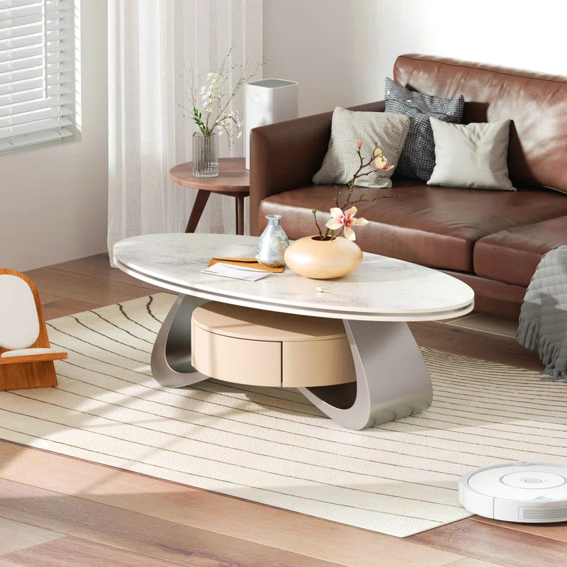 Kelyan 47.2'' Oval Modern Coffee Table Luxury Elegant Faux Marble Top Stainless Steel Base