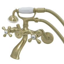 Load image into Gallery viewer, KS266SB Kingston Triple Handle Wall Mounted Clawfoot Tub Faucet Trim with Diverter and Handshower, Satin Brass