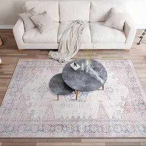 9' x 12' Labarbera Vintage Machine Washable Beige Non-Slip Backing Area Rug