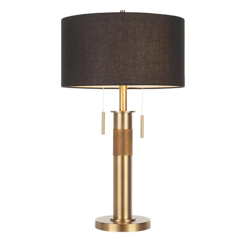 Trophy Industrial Table Lamp in Antique Brass with Black Linen Shade by Lumisource