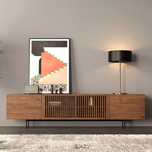 JASIWAY Minimalist TV Stand Slatted Media Console with 4 Doors Storage