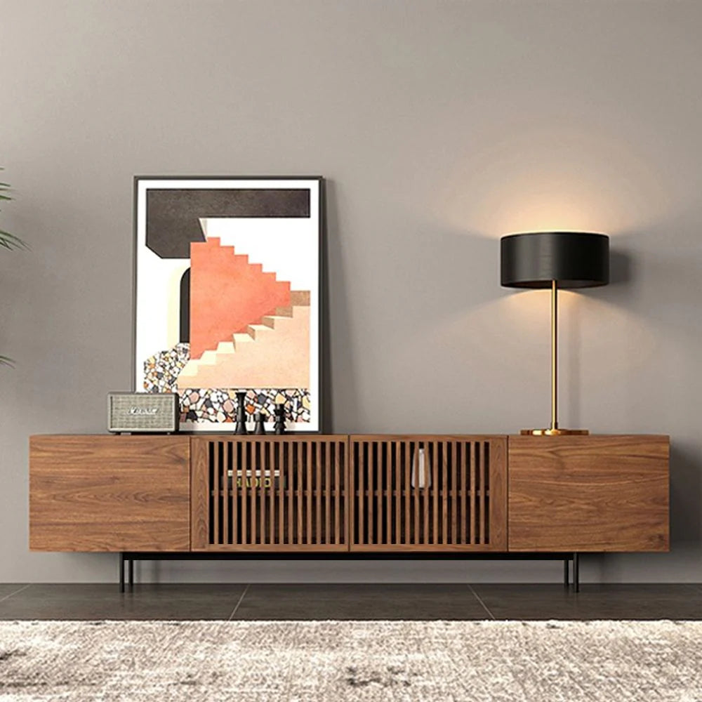 JASIWAY Minimalist TV Stand Slatted Media Console with 4 Doors Storage