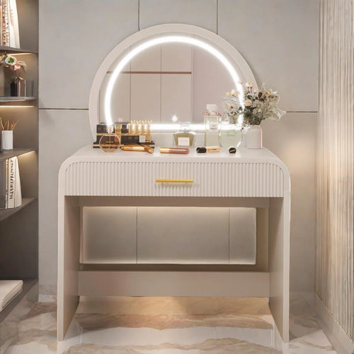 Makeup Vanity Table With Touch Screen Lighted Mirror, Dressing Table With A Drawer And Curved Edges