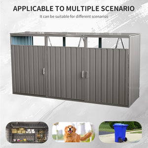 7' 10" Metal Outdoor Garbage Bin Shed For 3 Trash Cans Grey,stainless Galvanized Steel