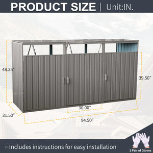 7' 10" Metal Outdoor Garbage Bin Shed For 3 Trash Cans Grey,stainless Galvanized Steel