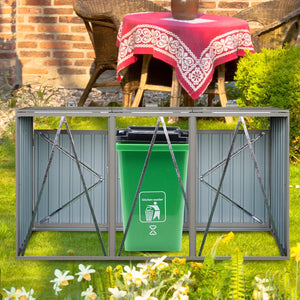 7' 10" Metal Outdoor Garbage Bin Shed For 3 Trash Cans Grey,stainless Galvanized Steel
