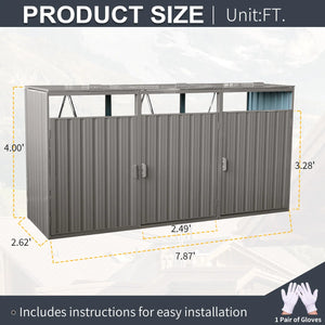 7' 10" Metal Outdoor Garbage Bin Shed For 3 Trash Cans Grey,stainless Galvanized Steel