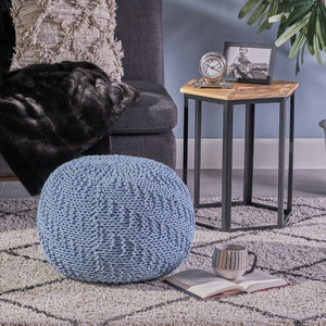 Moreland Upholstered Pouf, Cotton Blue