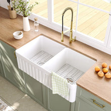 Load image into Gallery viewer, 33" L x 18" W Nova Double Bowl Fireclay Farmhouse Kitchen Sink with Sink Grid and Basket Strainer DV-1K503