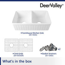 Load image into Gallery viewer, 33" L x 18" W Nova Double Bowl Fireclay Farmhouse Kitchen Sink with Sink Grid and Basket Strainer DV-1K503