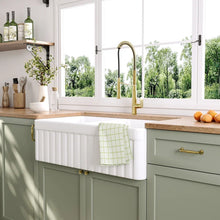 Load image into Gallery viewer, 33" L x 18" W Nova Double Bowl Fireclay Farmhouse Kitchen Sink with Sink Grid and Basket Strainer DV-1K503
