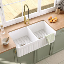 Load image into Gallery viewer, 33" L x 18" W Nova Double Bowl Fireclay Farmhouse Kitchen Sink with Sink Grid and Basket Strainer DV-1K503