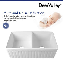 Load image into Gallery viewer, 33" L x 18" W Nova Double Bowl Fireclay Farmhouse Kitchen Sink with Sink Grid and Basket Strainer DV-1K503