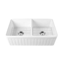 Load image into Gallery viewer, 33" L x 18" W Nova Double Bowl Fireclay Farmhouse Kitchen Sink with Sink Grid and Basket Strainer DV-1K503