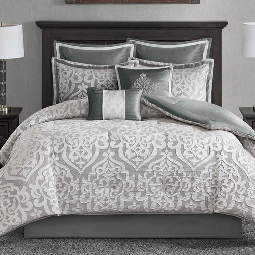 Odette Jacquard 8 Piece Comforter Set, CAL KING / SILVER