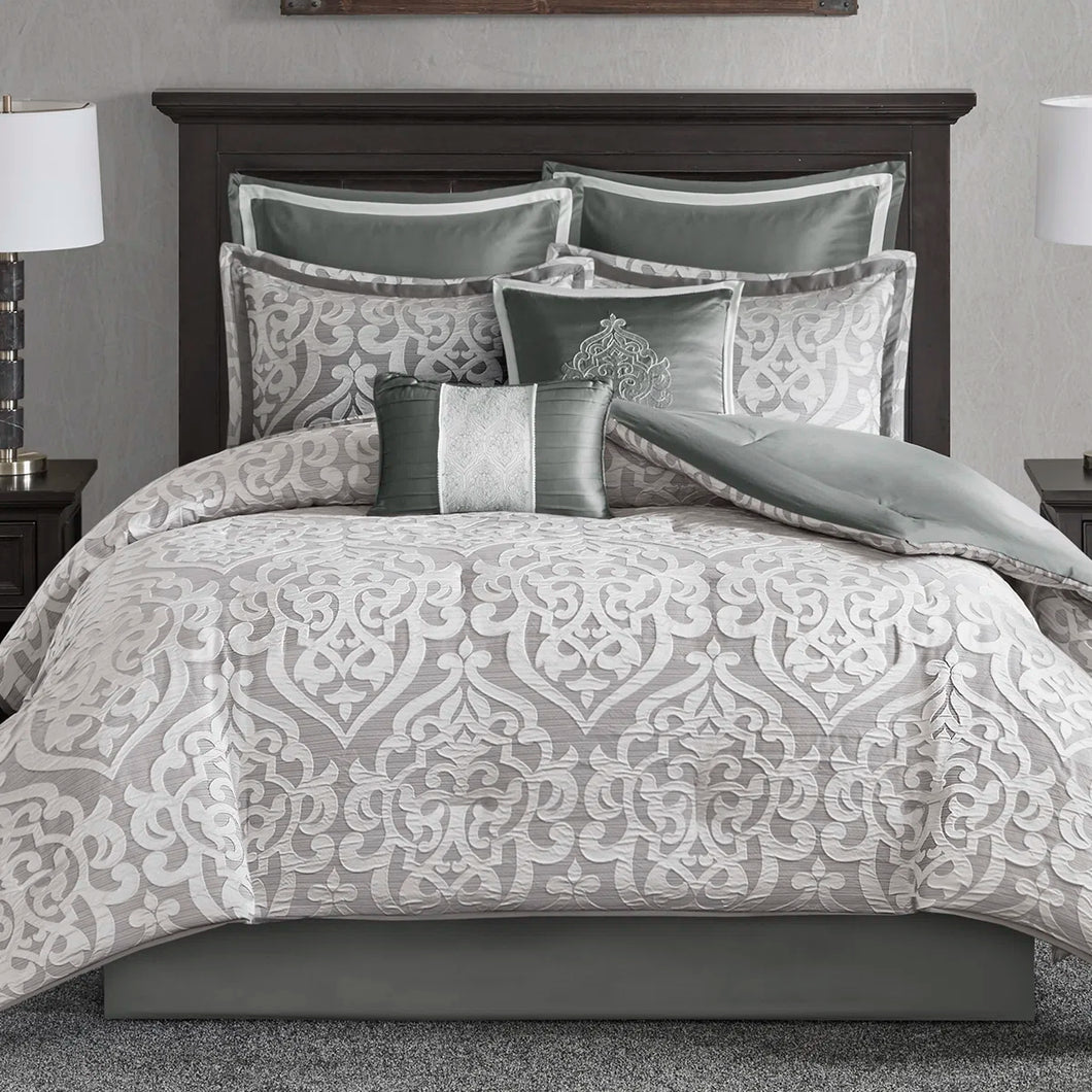 Odette Jacquard 8 Piece Comforter Set, CAL KING / SILVER