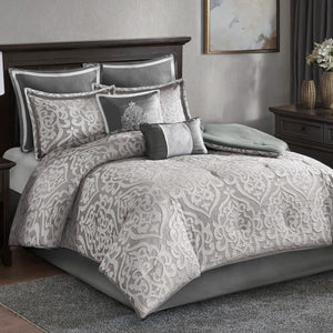Odette Jacquard 8 Piece Comforter Set, CAL KING / SILVER