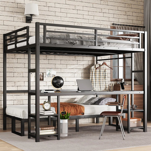 Queen Over Twin XL Metal Bunk Bed/Loft Bed with Desk and Shelves, Multiple Uses Folds into Sofa with LED and USB, Black