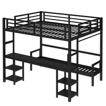 Load image into Gallery viewer, Queen Over Twin XL Metal Bunk Bed/Loft Bed with Desk and Shelves, Multiple Uses Folds into Sofa with LED and USB, Black