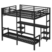 Load image into Gallery viewer, Queen Over Twin XL Metal Bunk Bed/Loft Bed with Desk and Shelves, Multiple Uses Folds into Sofa with LED and USB, Black