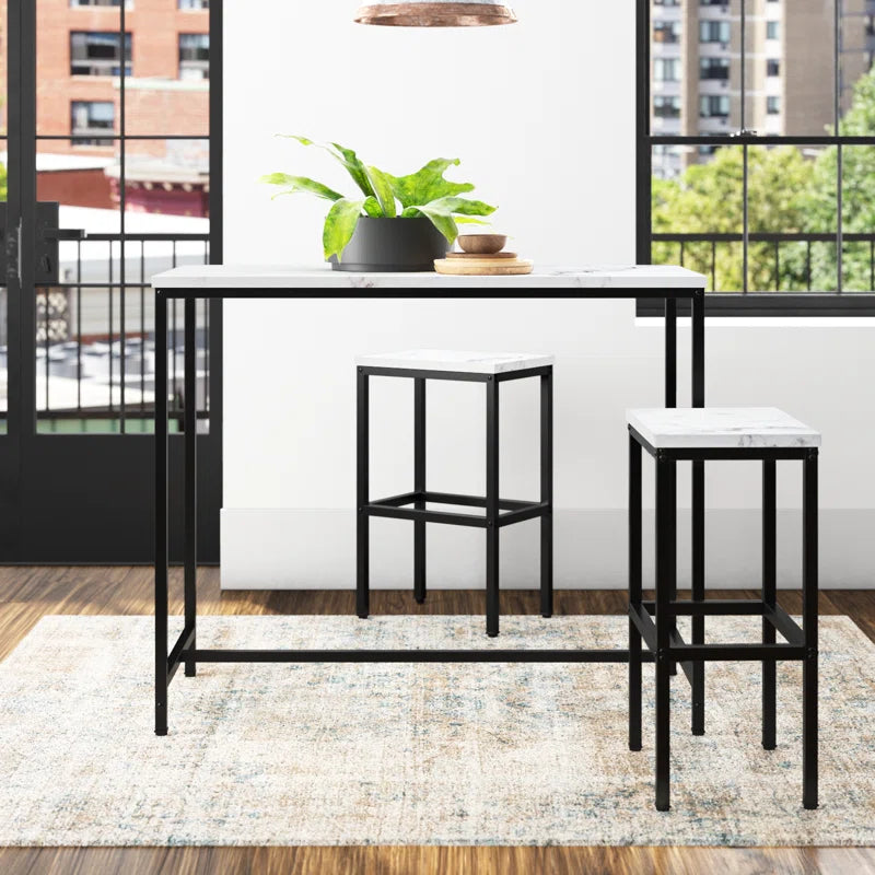 Reitz 2 - Person Counter Height Four Leg Dining Set (Set of 3), White Faux Marble / Black