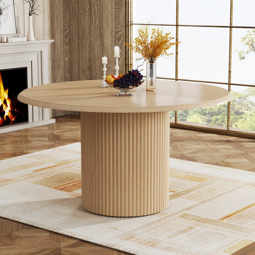 Round Dining Table for 4, Farmhouse Kitchen Table with Metal Base