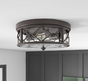 Industrial 13.8 in. 2-Light Oil Rubbed Bronze Farmhouse Flush Mount Ceiling Light with Glass Shade