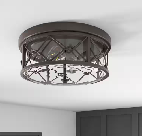 Industrial 13.8 in. 2-Light Oil Rubbed Bronze Farmhouse Flush Mount Ceiling Light with Glass Shade