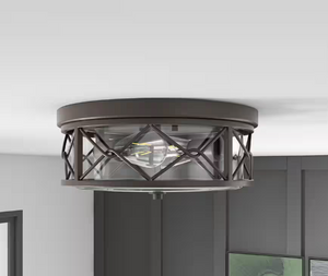 Industrial 13.8 in. 2-Light Oil Rubbed Bronze Farmhouse Flush Mount Ceiling Light with Glass Shade