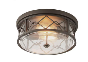 Industrial 13.8 in. 2-Light Oil Rubbed Bronze Farmhouse Flush Mount Ceiling Light with Glass Shade